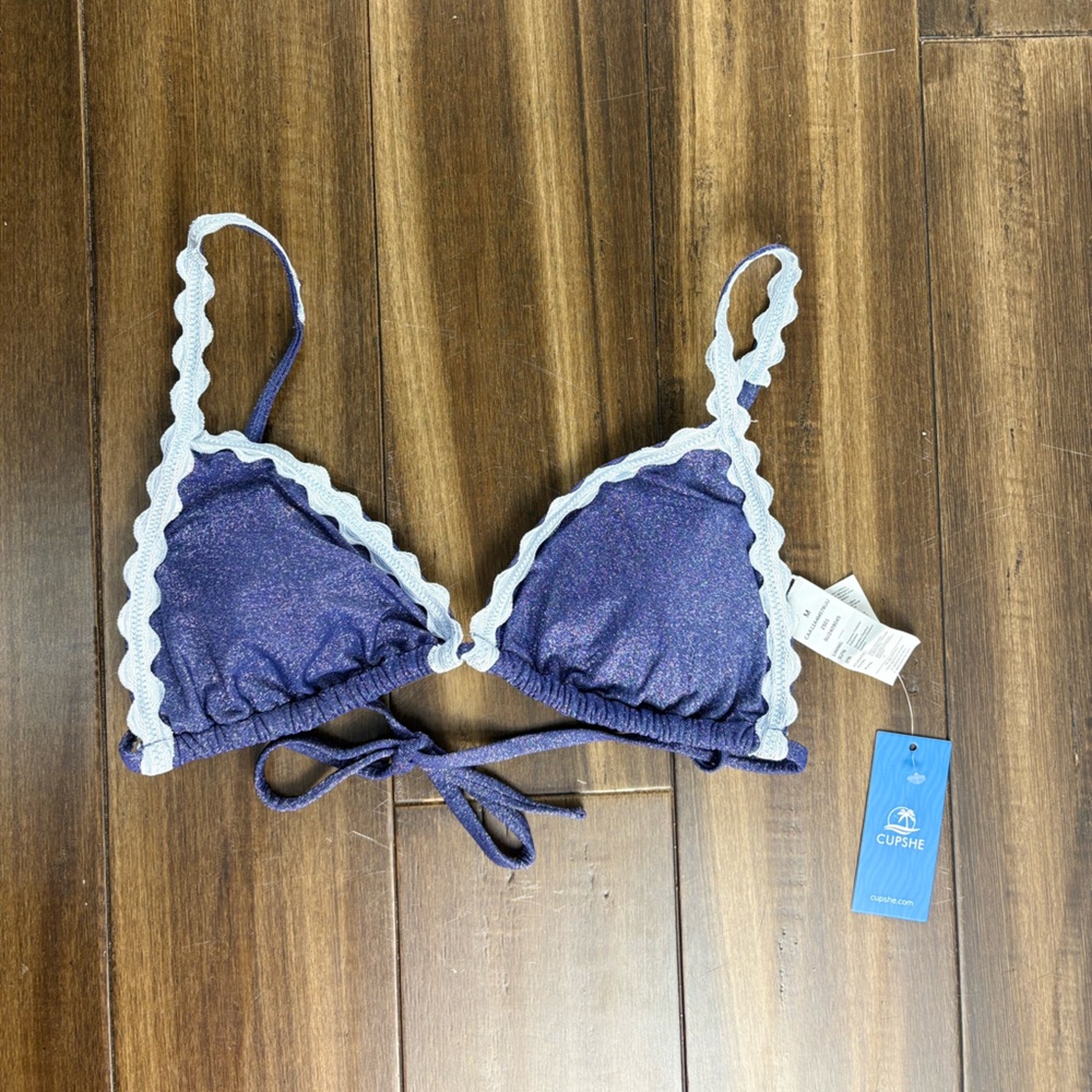 NWT Sz M TOP Dazzling Triangle Navy Blue and White Scalloped Bikini - Picture 5 of 11